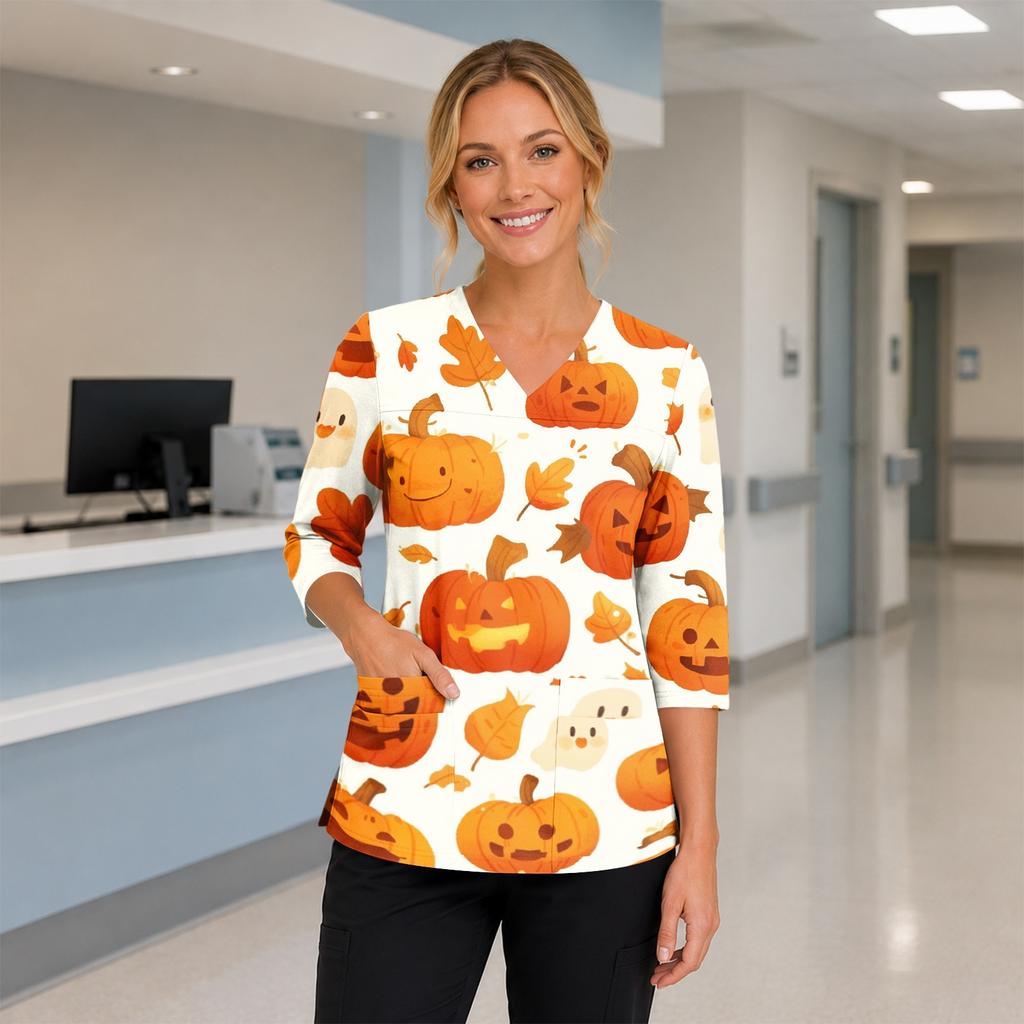 Womens Halloween Print V Neck Medical Scrub Top with Pockets Side Slits and Three Quarter Sleeves Halloween Themed Nurse Uniform Shirt