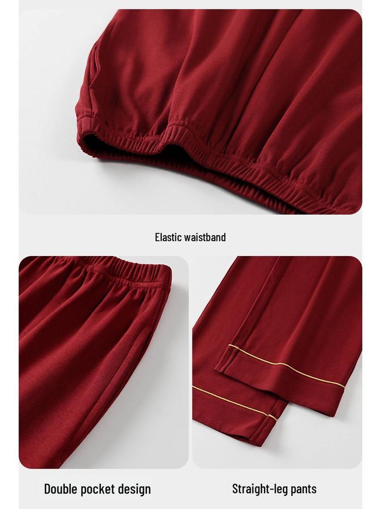 Red Zodiac Festive Couple Pajama Set - Tencel Cotton, Long Sleeve Cardigan for Spring/Autumn