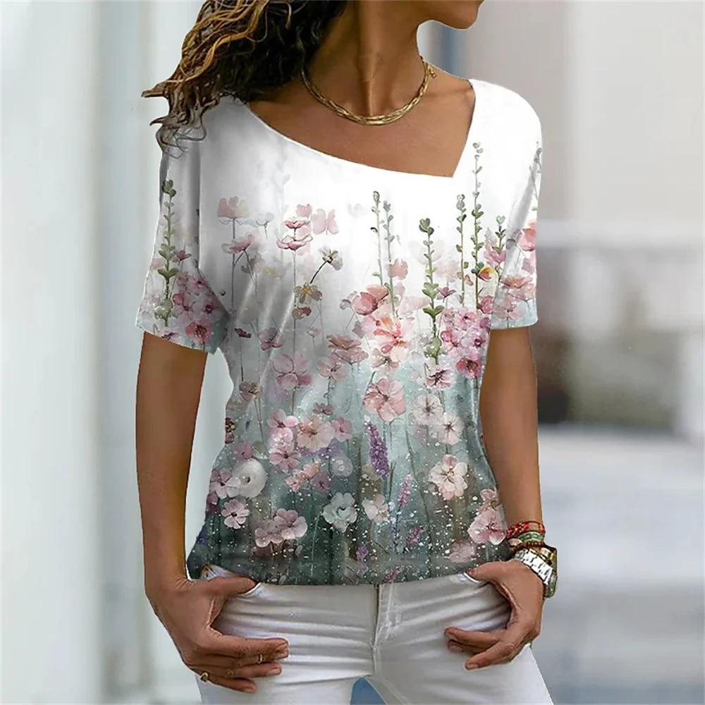 Women's 3D Flower Pattern T-shirt Irregular V-neck Design Y2k Fashion Trend Summer Short Sleeve Sexy Neckline Tshirts 2023