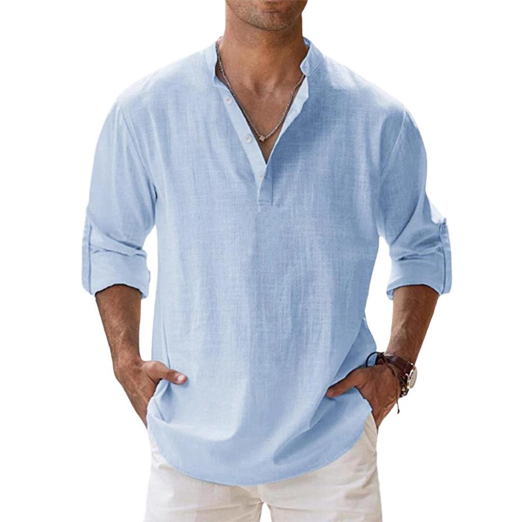 Men's Casual Loose Stand,up Collar Sweatshirt, Men's ,color Long,sleeved Cotton And Linen Shirt Top