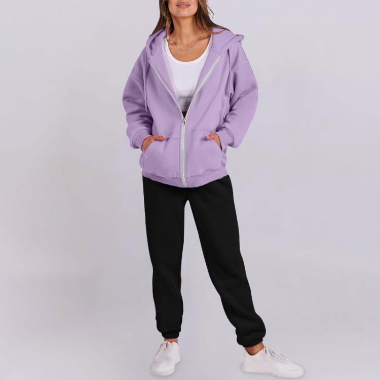 Dames Trainingspak Set Met Capuchon Lange Mouwen Effen Kleur Rits Elastische Taille Losse Mode