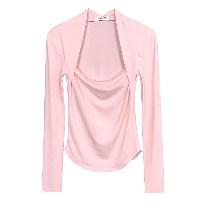 Korean Dongdaemun Sexy Square Neck Slimming Long Sleeve Low-Cut Top for Women