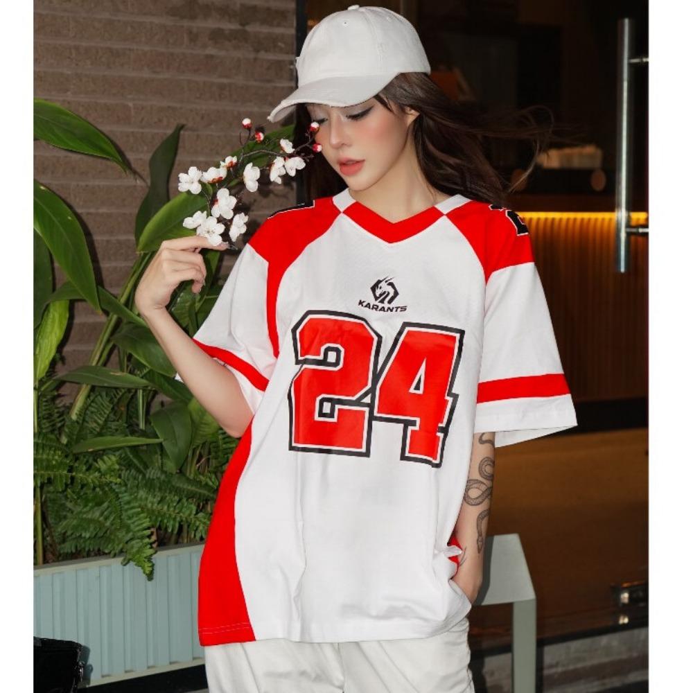 Red number 24 women's T-shirt V-neck loose fit top oversized cool short sleeves