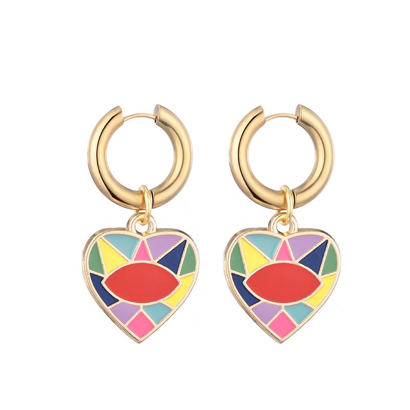 Favorite Toy Women's Gold New Colorful Eye Love Heart Stainless Steel Hoop Earrings For Vintage Statement Enamel Color Pendant Earrings Zircon