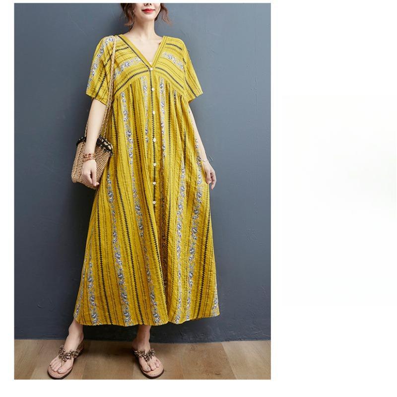 Summer Plus-size Women's Print Knee-length Skirt Literary Loose V-neck Dress