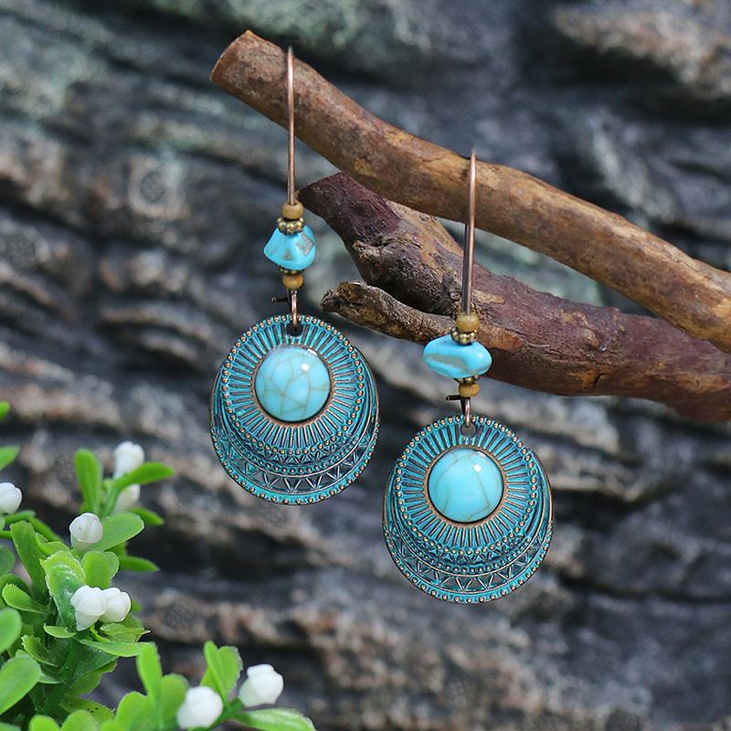 Vintage Boho Blue Stone Beaded Drop Earrings For Women Tassel Ethnic Geometric Flower Leaf Long Dangle Earrings Trendy Zircon