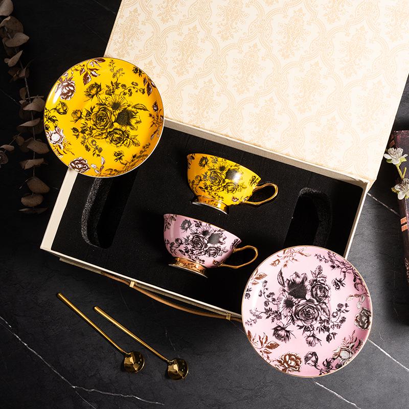 European Luxury Gold-Rim Bone China Coffee Cup - Four Seasons Ink Design