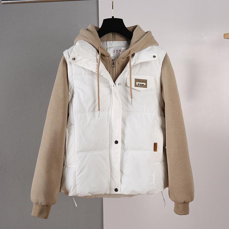 Winter New Velvet Jacket Short Versatile Korean Version Hooded Splicing Down Cotton Jacket