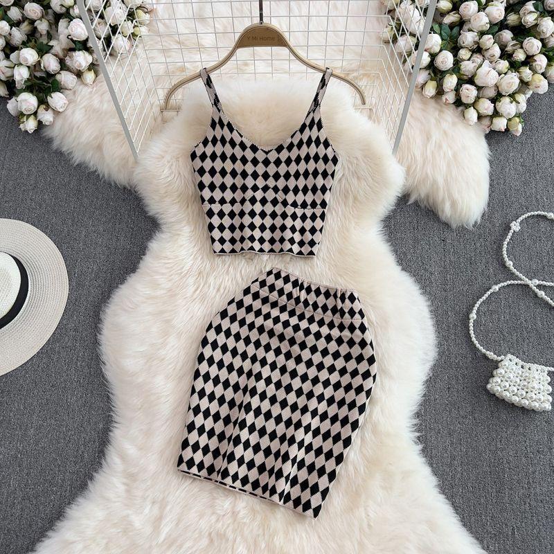 Fashion Suit Women's Pure Desire Sexy Chessboard Plaid Silm Crop-Top Spaghetti-Strap Vest Two-Piece Set High Waist Sheath Skirt