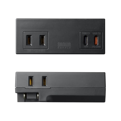 SANWA SUPPLY PD33W Power Strip (2 AC Outlets + 2 USB Type-C Outlets) with Swing Plug, Compact, Mobile, Black, TAP-MC2AC2BK