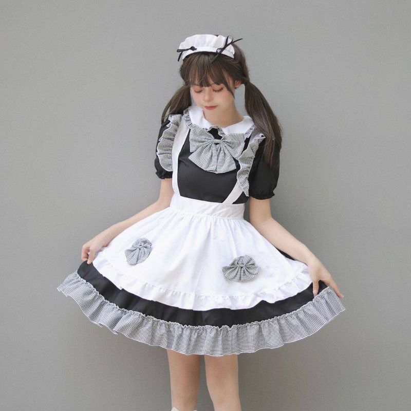 Cosplay Japanese Anime New 4-Piece Maid Outfit Cute Princess Dress Black and White Checkered Bow Maid Style