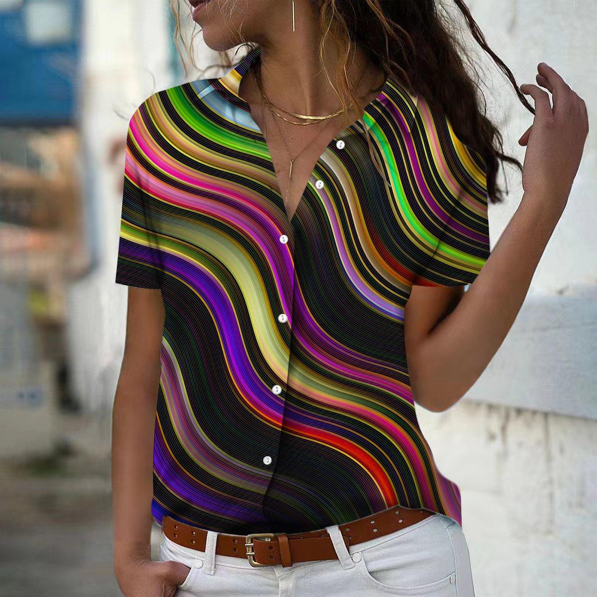 

2025 Лето Новая Мода Женская Геометрический Принт Короткий Рукав V-образный Вырез Повседневная Рубашка Топ на Пуговицах XL разноцветный