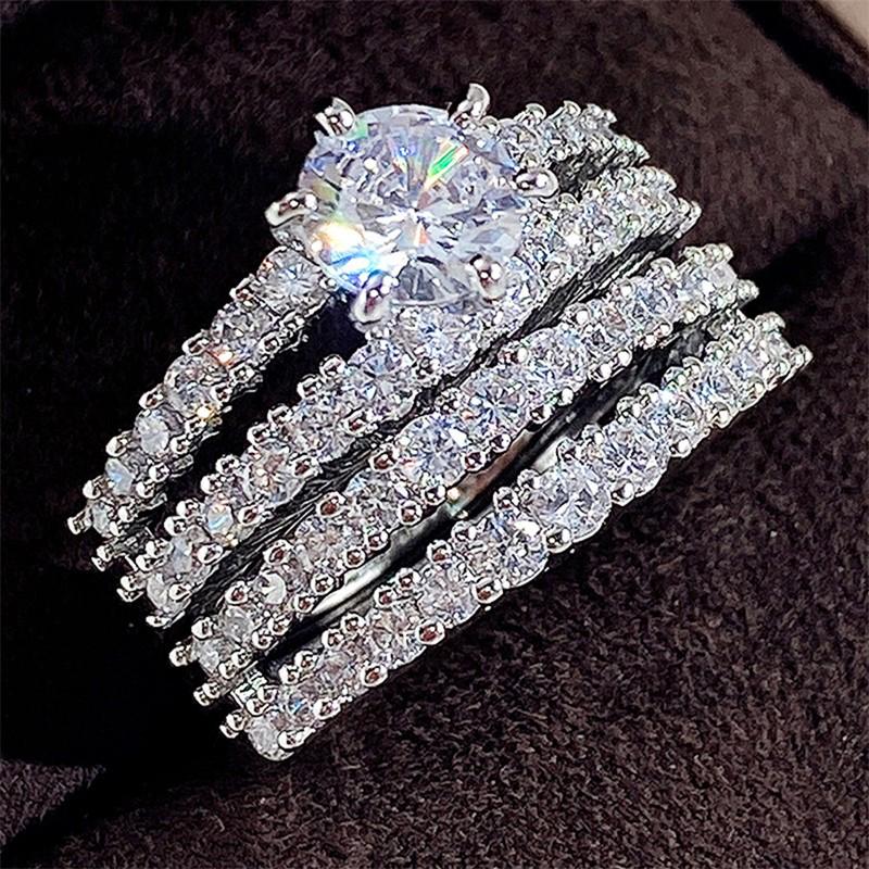 Sparkling 2Pcs Set Cubic Zirconia Rings for Women Wedding Engagement Fashion Jewelry Luxury Trendy Female Rings Wholesale
