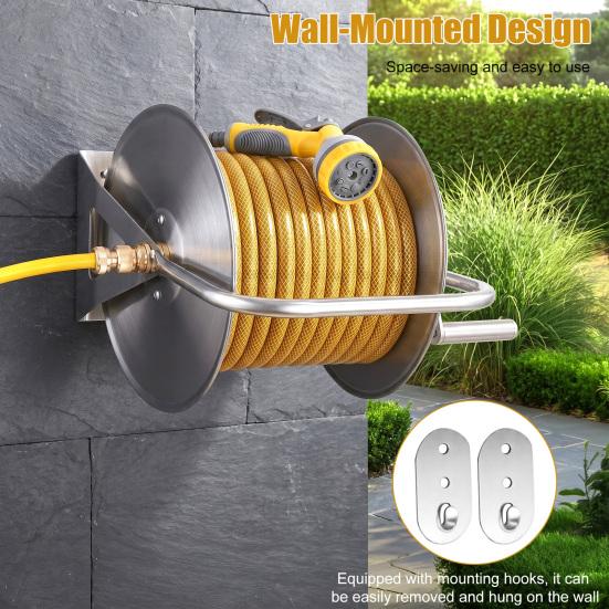 Water Hose Reel Stainless Steel Garden with 6.5ft Leader Pipe, Wall/Floor Mounted Metal Wall Mount Crank Handle, Holds 5/8" X 75ft or 1/2" 130ft