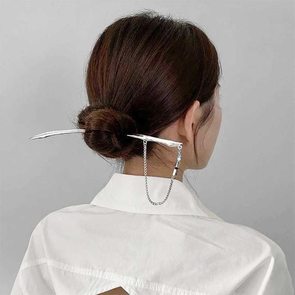 Used Single shaft long sword chain hairpin that looks great on special days, alloy, total length 22cm, hair arrangementJapanese clothingwedding