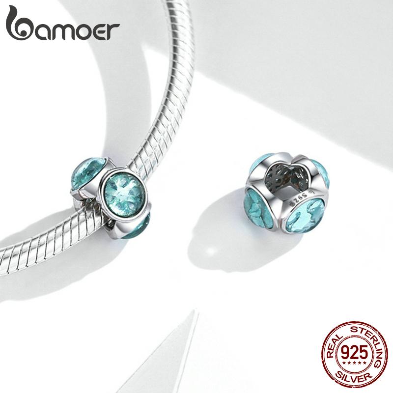 bamoer 925 Silver Blue Snowflake Spacer Charm Frozen Ice Crystal Opal Sun Pendant for Bracelet Women Fashion Jewelry