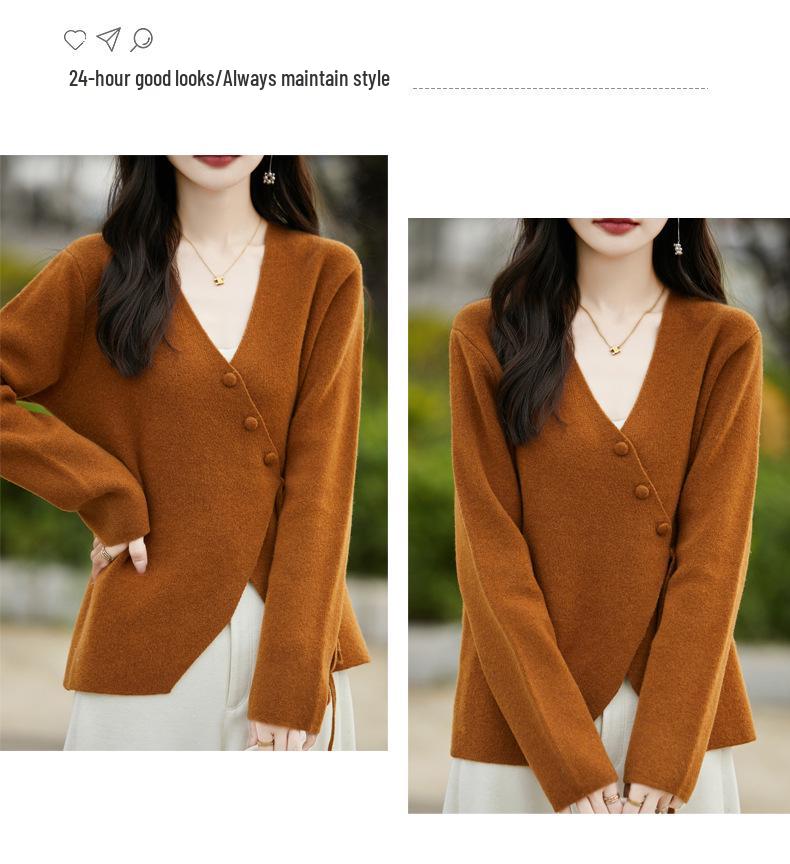 Women's Pure Wool V-Neck Cardigan - Red, Slim Waist, Button-Up, Autumn/Winter 2024