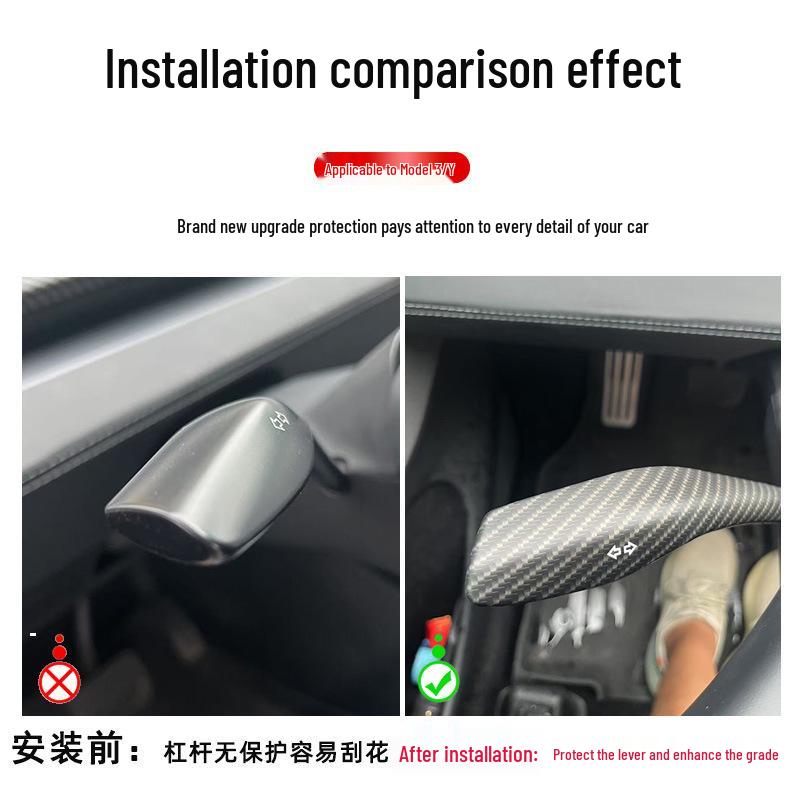 Upgrade Kit for Tesla Model Y: Gear Shift Knob Trim, Turn Signal/Wiper Lever Covers, and Full Interior Protection.
