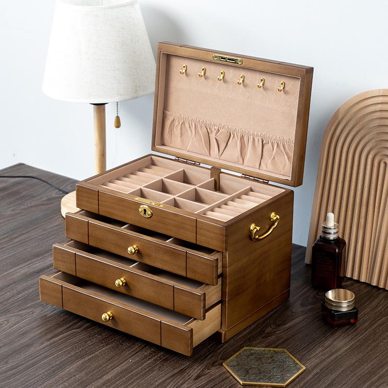 Exquisite Vintage Solid Wood Jewelry Box with Lock for Necklaces, Earrings, and Rings
