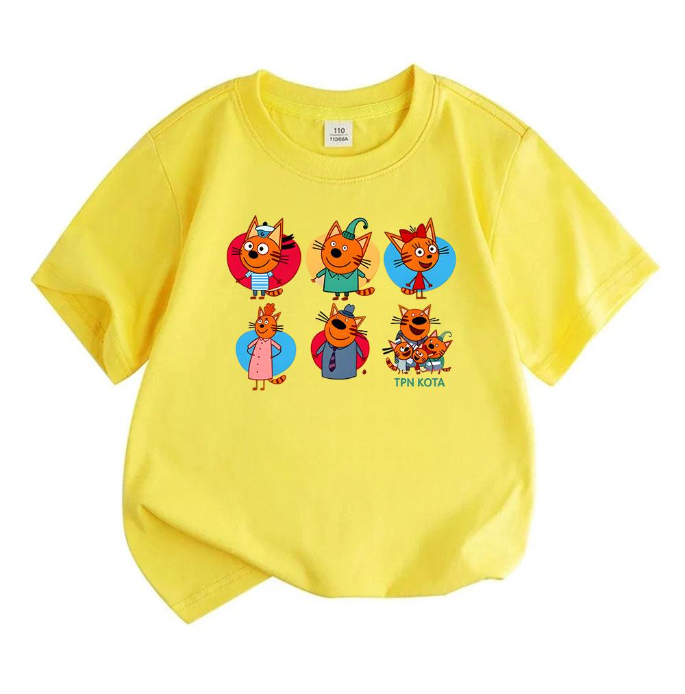 Kids Boys Girls 100% Cotton Crew Neck Short Sleeve T-Shirt, Cute Orange Cartoon Cat Family Print Casual Soft Breathable Top for Children Daily Wear, G