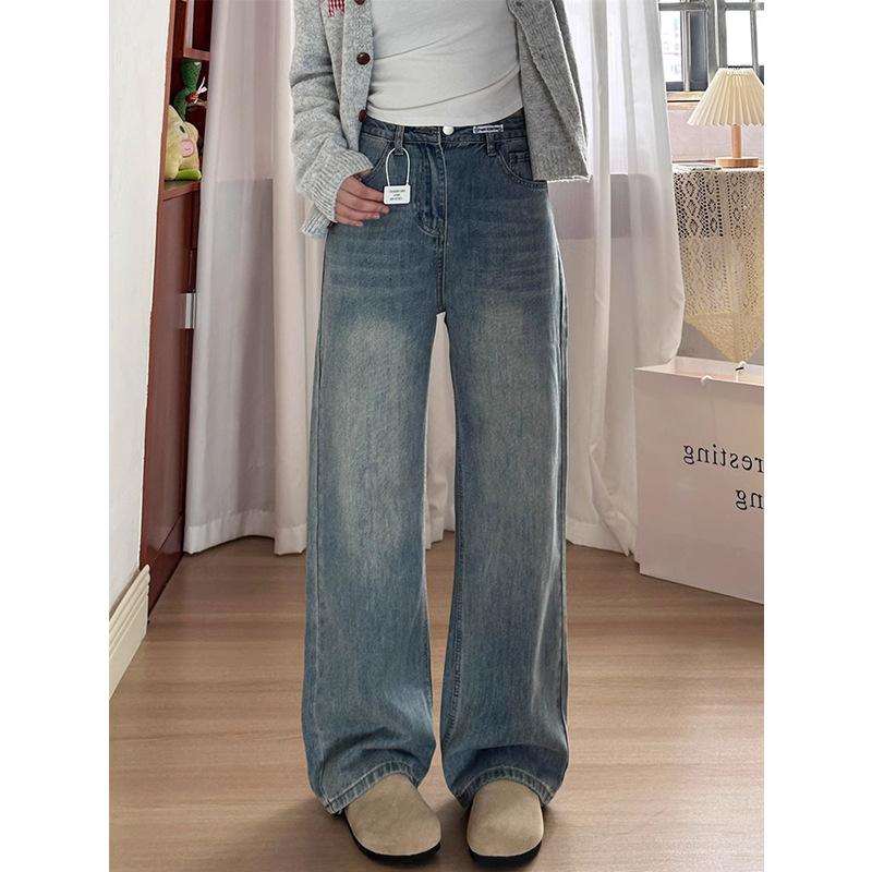Women's High Waist Wide Leg Jeans Loose Fit Japanese Casual Washed Light Blue Straight Denim Pants