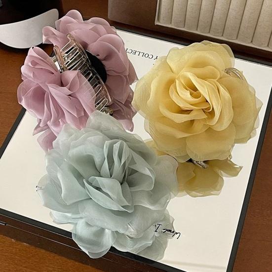Hair Claw Mesh Yarn Texture 3D Flower Design Large Shark Hair Clip Versatile Daily Date Hair Accessory