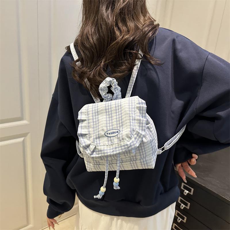 1Pcs Large Capacity Bow Shoulder Bag Multi Functional Korean Style Lace Plaid Backpack Travel Canvas Backpack Book Bag
