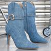Fashion Fashion Denim Belt Buckle Pointed Toe Women Ankle Boots Shoes Sexy Thin High Heels Party Prom Zipper Botas Para Mujer