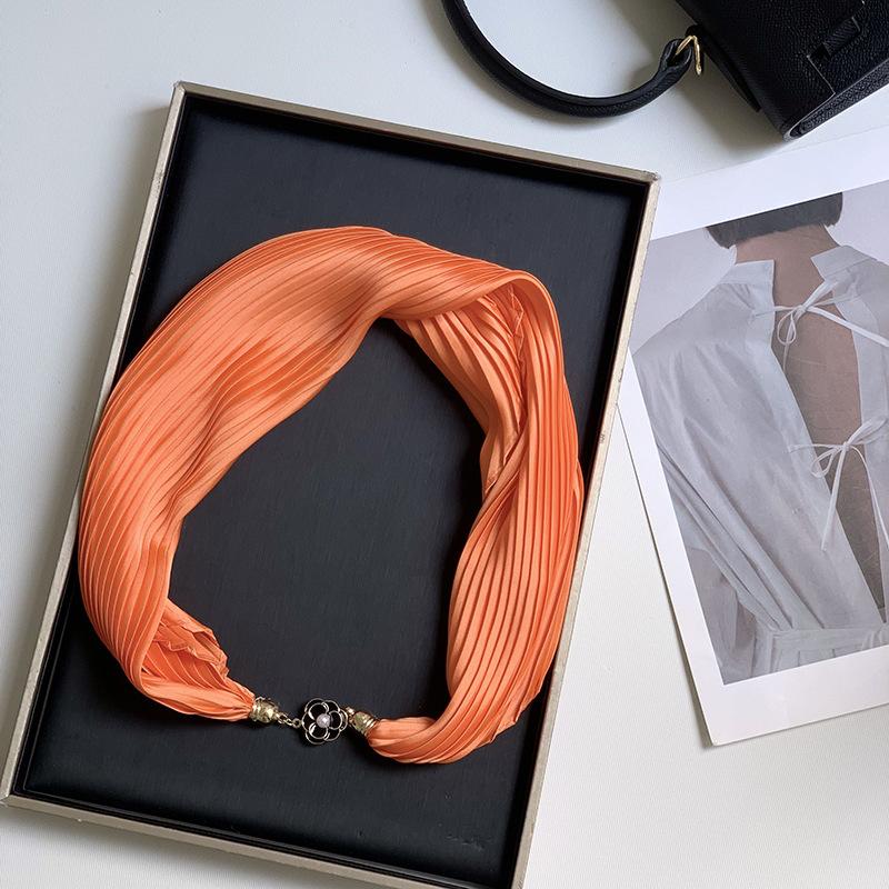 New Monochrome Magnetic Variety Silk Scarf Necklace Women's Pleated Summer Sunscreen Headscarf Decorative Scarf