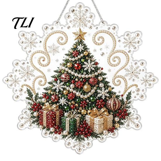 Handmade Christmas Tree Decor Faux Pearl Painting Suncatcher Kit, Acrylic Snowflake Shaped Board with Lace Crystal Beading Craft Set Edge, 3D Gemstone