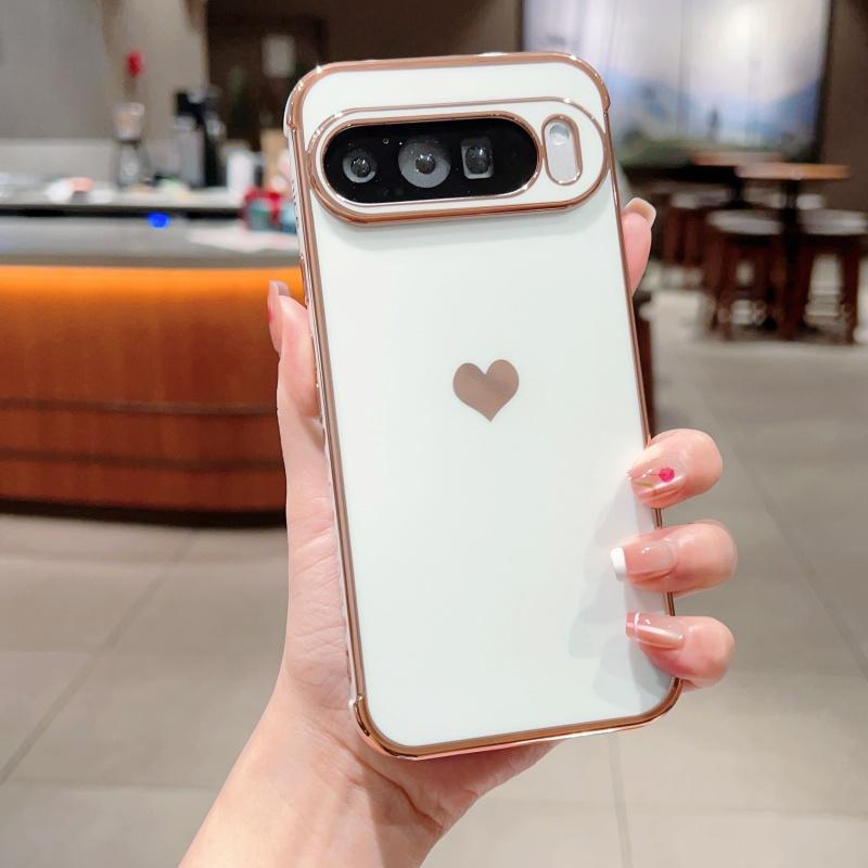 Trendy Glossy Plating Love Heart Soft TPU Case For Google Pixel 10A 10 9 Pro XL 8 7 A Skin-friendly Shockproof Bumper Back Cover