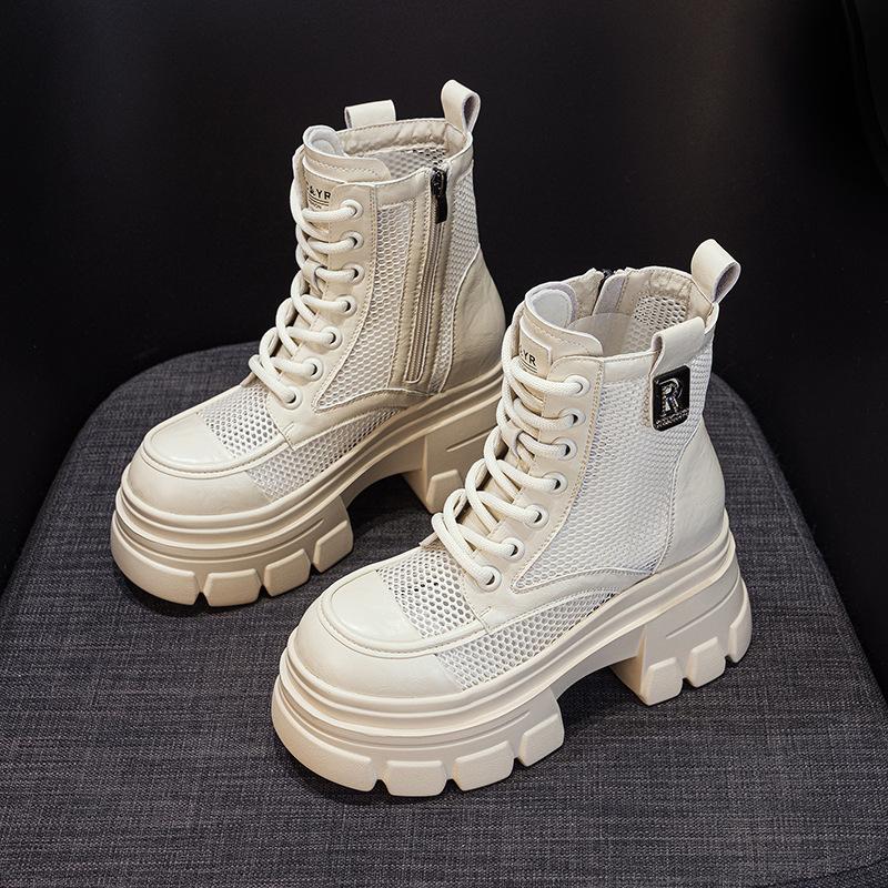 Women's Summer Hollow-Out Leather Boots: British-Style High-Platform Thick-Soled Cool Footwear, Mesh-Trimmed Women's Sandal-Boots