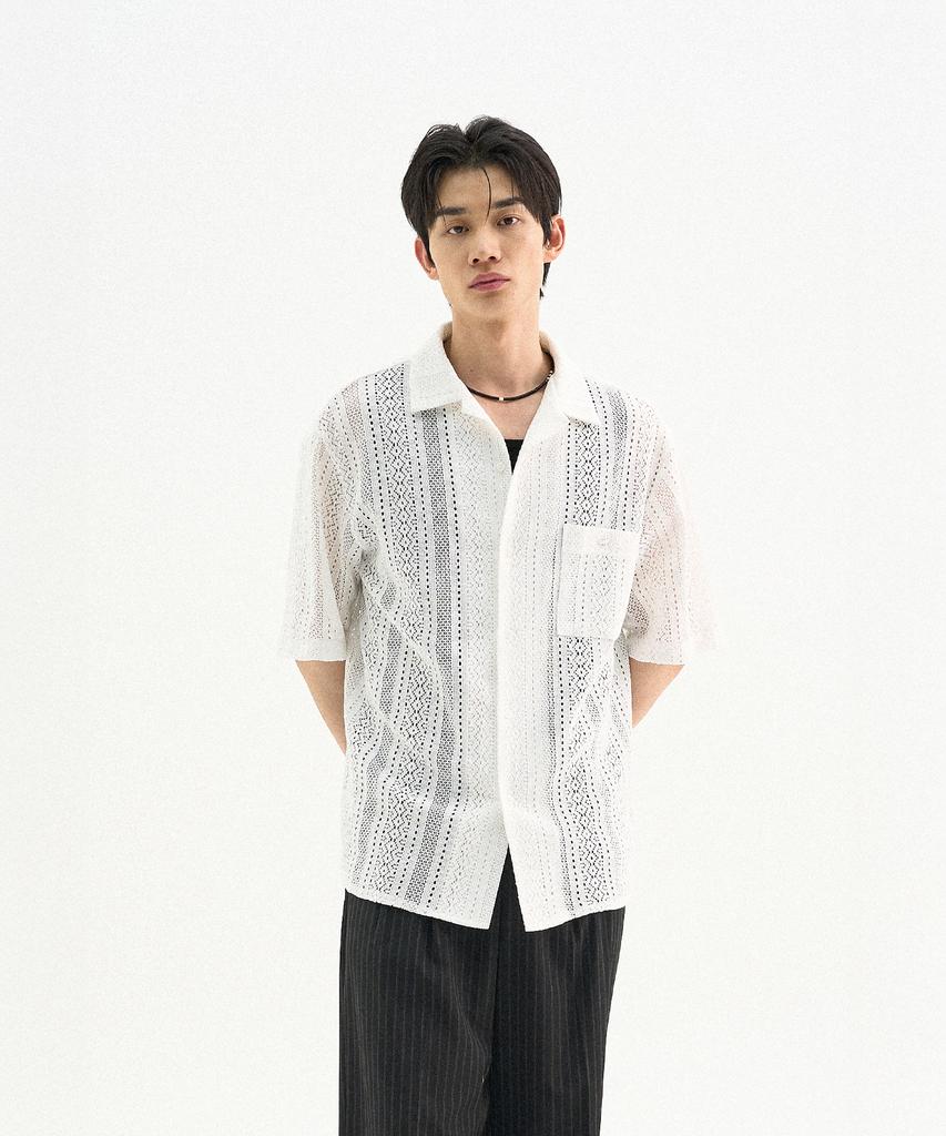 TRIP LE SENS Patterned Crochet Half Shirt_White