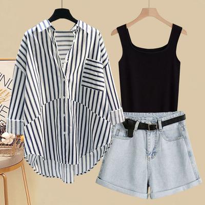 Frühling Sommer Anzug Damenversion Sonnenschutzhemd Schlankheitsweste Schlankheitsvielseitige Denimshorts Dreiteiliges Set