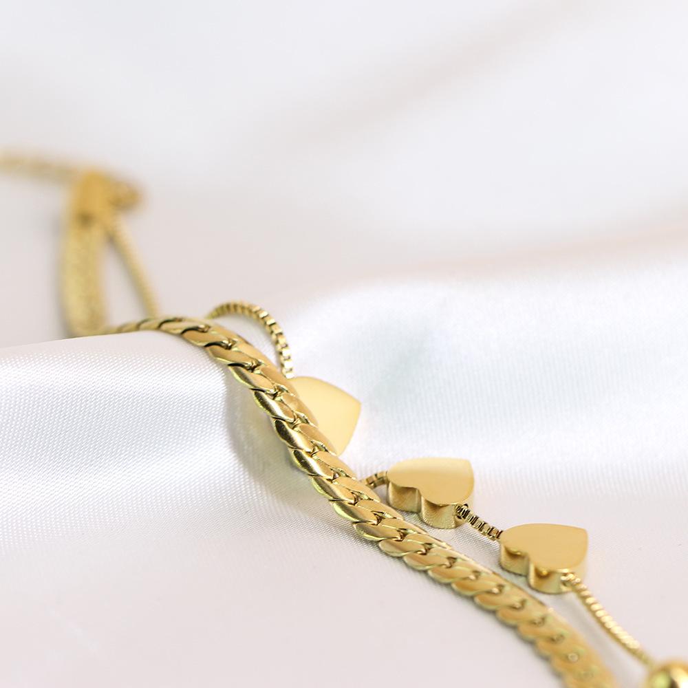 8MM Smooth Surface Heart 18K Gold Stainless Steel Double Layer Bracelet, Laser Engravable