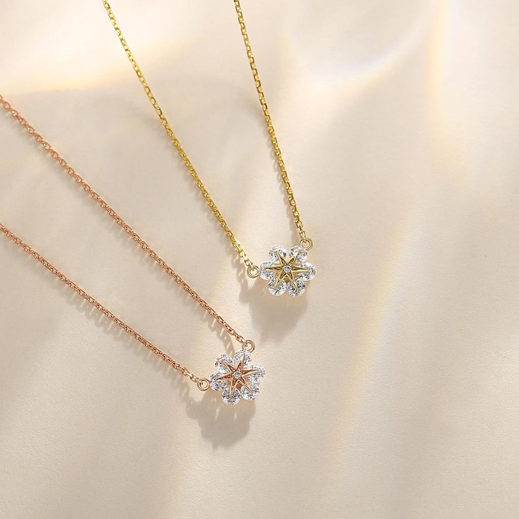 FANCIME Diamond Necklace for 18K Pink 7 Flower and Snow 18K Gold Good Luck Anniversary Gift Wrapping Included Women, Gold, Diamonds, Design, Pendant,