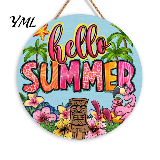 Natural Hemp Rope Wood Plaque Summer Wooden Hanging Sign, Beach Style Wall Decor with Rope, Bright Printed Sign Indoor Outdoor Theme Decoration