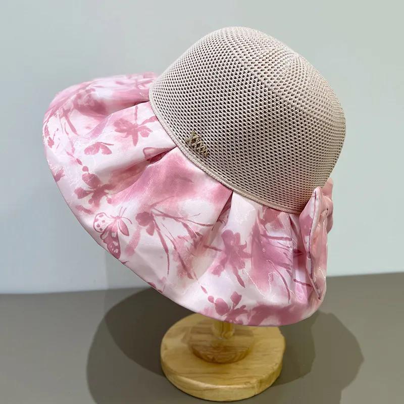 

WTEMPO Retro Elegant Beach Printed Cloth Patchwork Sunscreen Hats Breathable Hollow-out Wide Brim Foldable Large Hats 1pc розовый