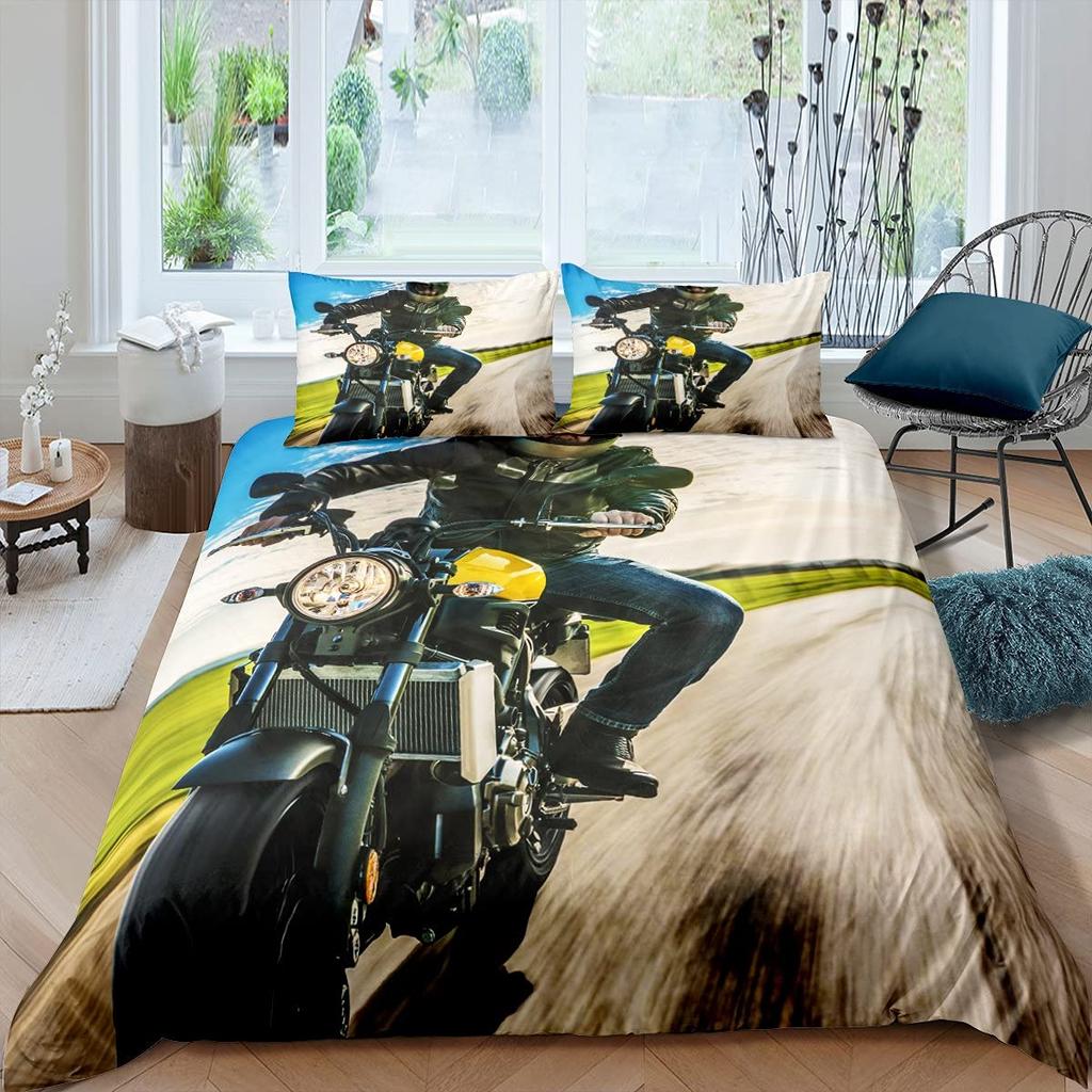 Three-Dimensional Motocross Rider Bed Cover Kit Gentle Microfiber Fabric Red Black Dirt Bike Extreme Sports Theme Motorcycle Pattern Style Bed