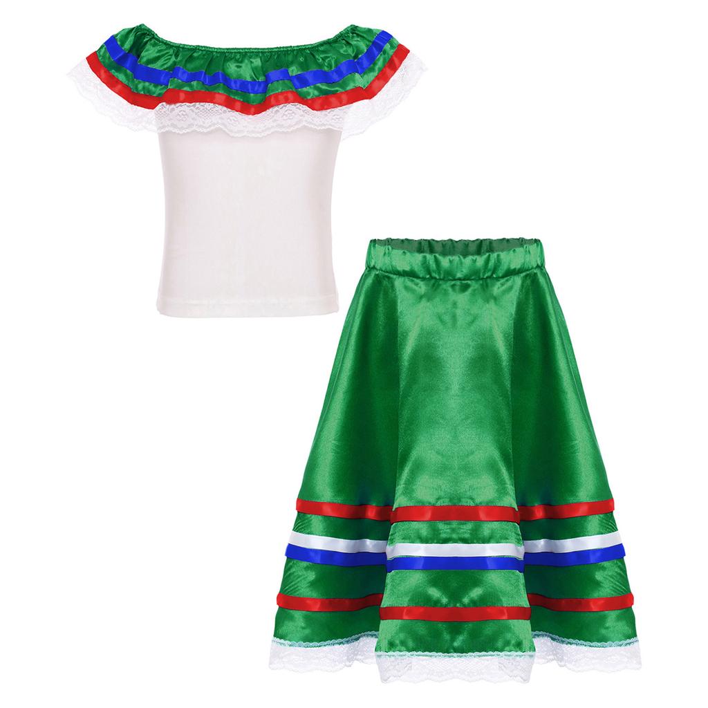 Girls Mexican Dress Set Off Shoulder Ruffled Top Elastic Waistband Lace Ribbon Trim Skirt