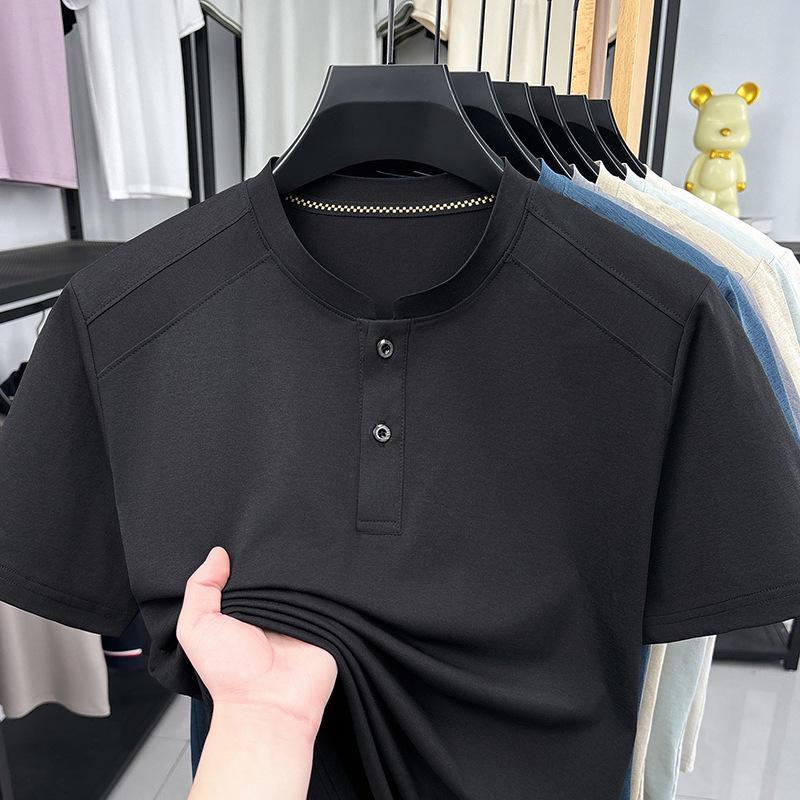 Men's Summer Short Sleeve Henley Collar Polo Shirt - Loose Fit, Solid Color, Casual Versatile T-shirt