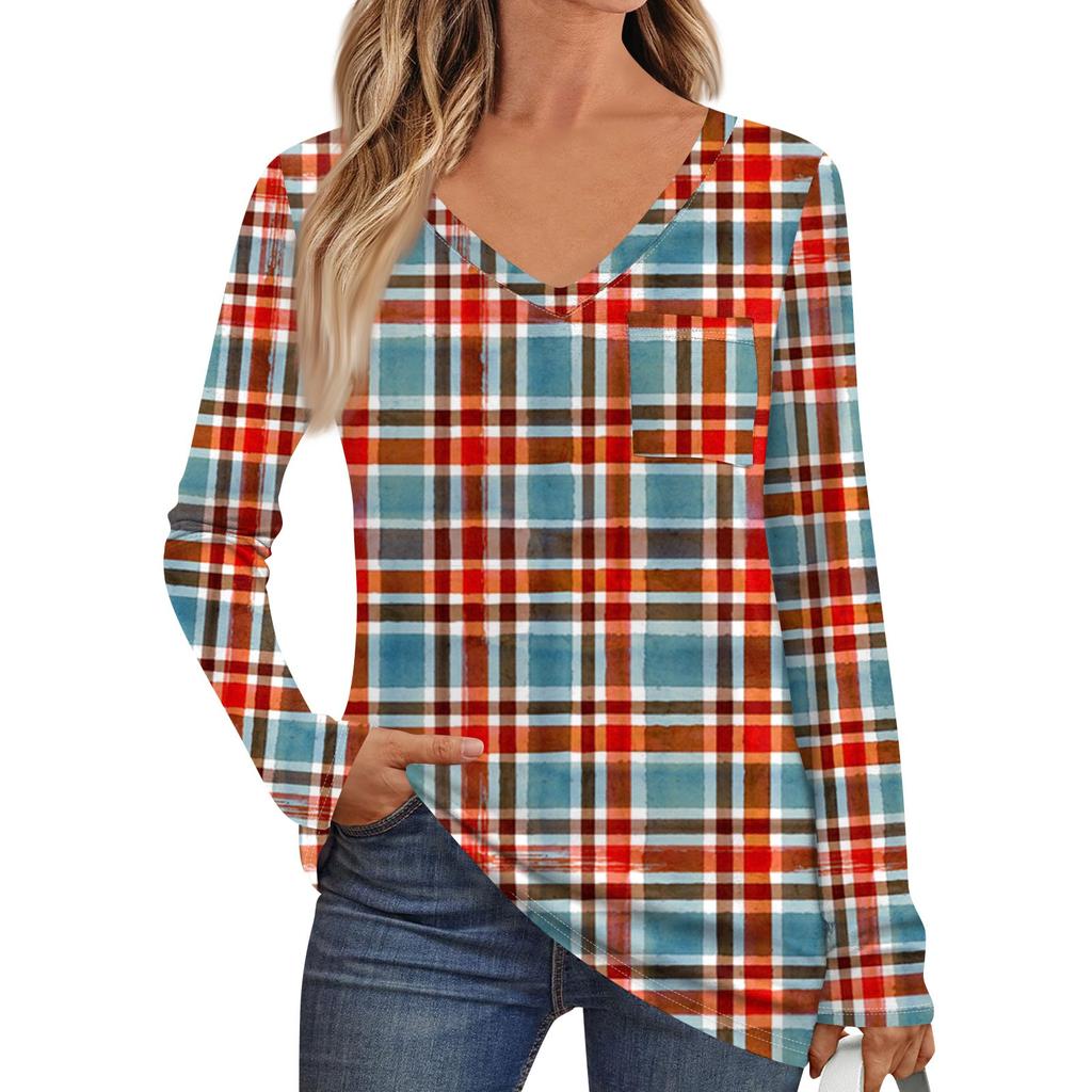 Women's Fashion Long Sleeve V-Neck Pullover Printed T-Shirt Top With Pocket