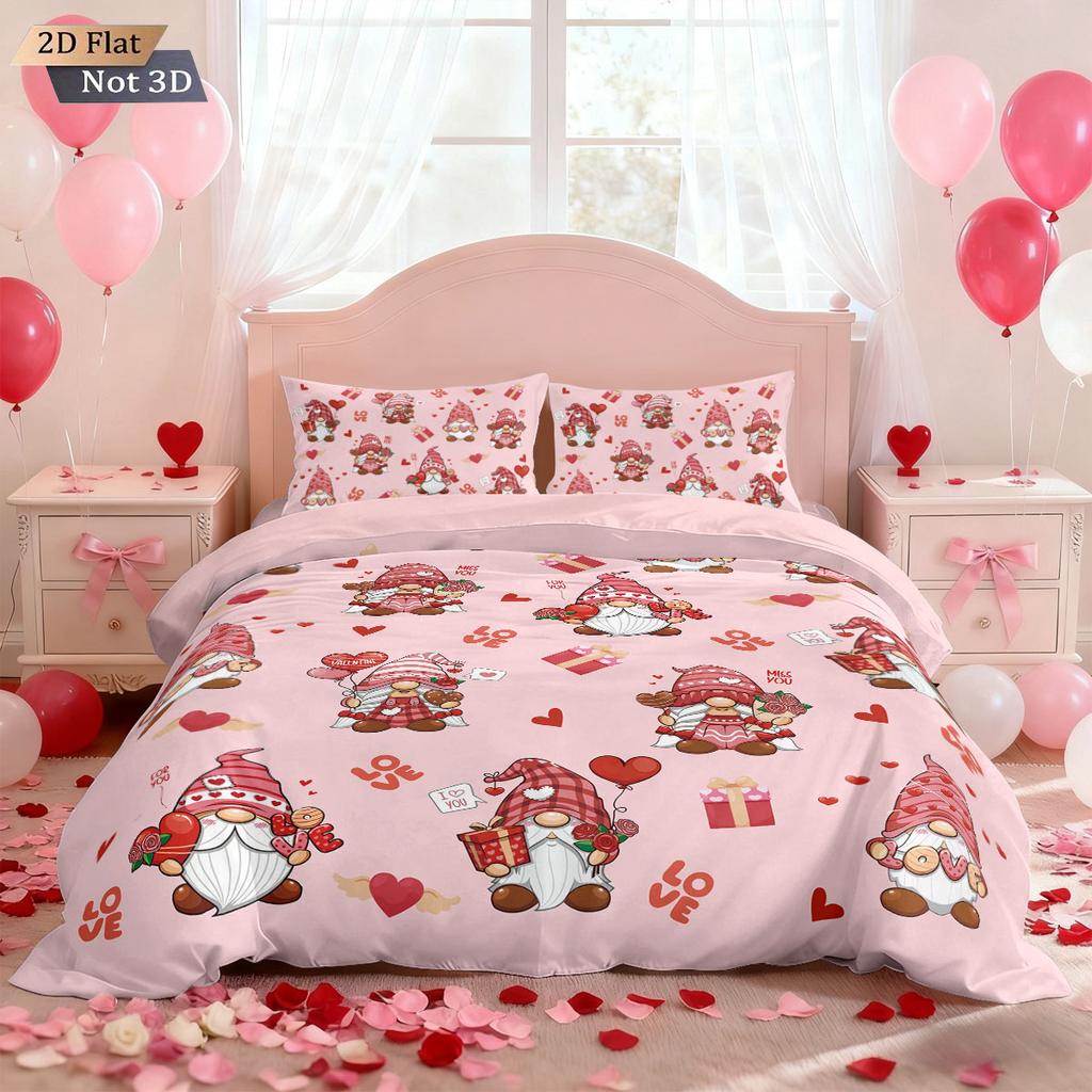 3-teiliges Valentinstag Romantische Liebe Goblin-Druck Daunendeckenbezug-Set Mehrere Größen Schlafzimmer Bettwäsche Dekoration Maschinenwaschbar