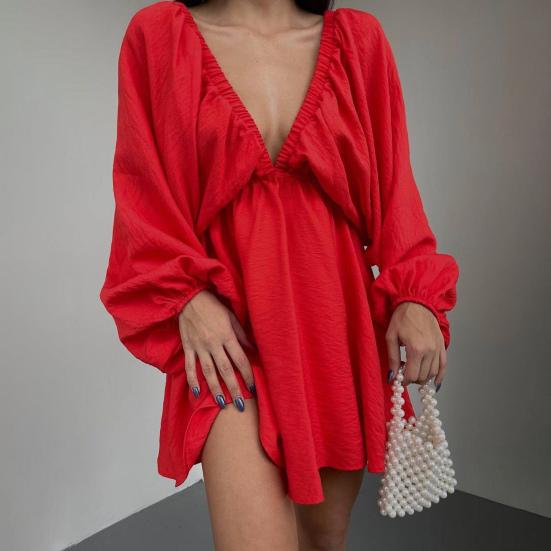 Dámské Společenské šaty Jednobarevné Dlouhý rukáv s výstřihem do V Nízký střih nad kolena Lampionové rukávy Velký lem Letní plesové šaty Dámské oblečení