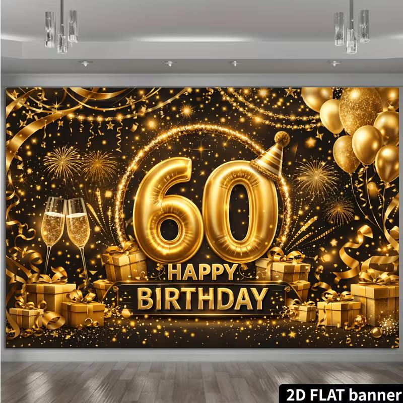 2D 60th Birthday Backdrop Black Gold Balloon and Gift Box Photography Background