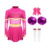 Girls Cheer Leader Costume Long Sleeve Diamonds Dance Jumpsuit Cheerleading Hand Flower Bowknot Hair Ties