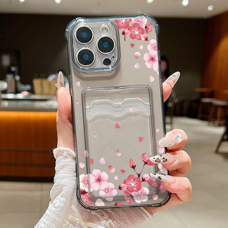 For iPhone 16 Pro Max 16E 15 14 Pro 13 12 11 Cover Bowknot Floral Print Clear Card Slot Soft Silicone Lens Protection Shockproof Slim Phone Case