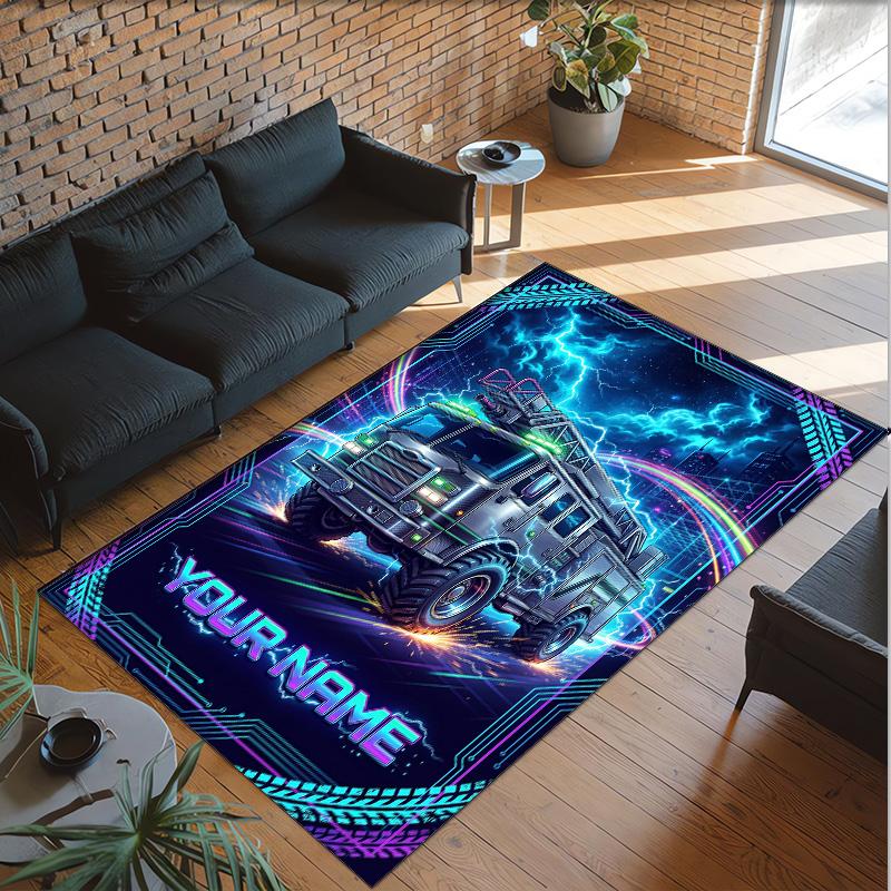 Fire Truck Theme Crystal Velvet Rug Personalized Custom Name Text Soft Floor Mat Home Decor
