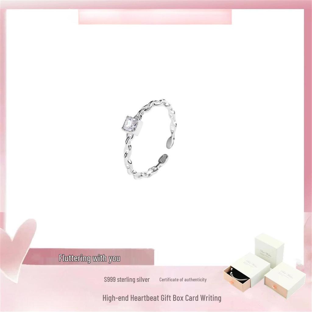 Adjustable 999 Pure Silver Sugar Cube Ring for Women, Luxury Design, Perfect 520 Gift for Girlfriend or Bestie, with Square Diamond.