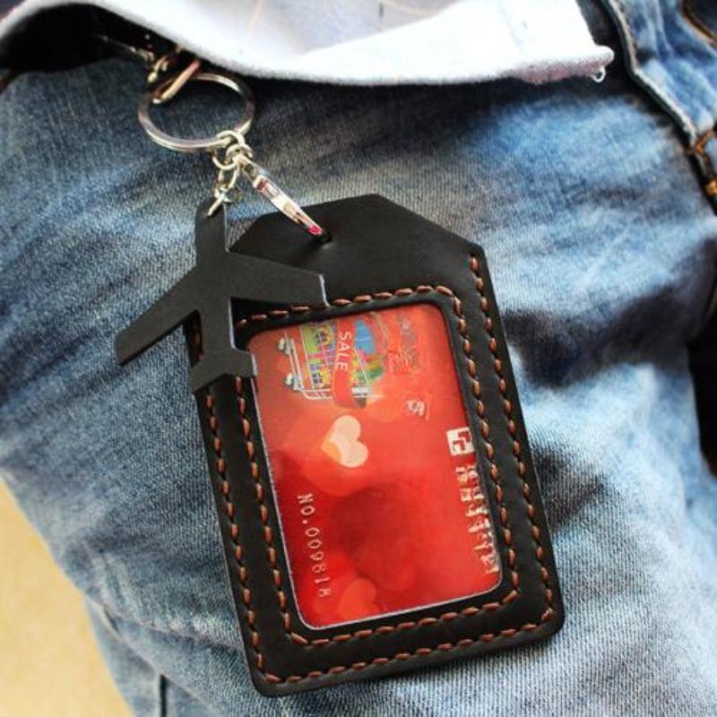 NEW Soft Leather Cowhide ID Badge Holder Name Tag Case with Neck Strap Chest Card Work Pass Meal Card Bus Card Holders Keychain School Office Supplies